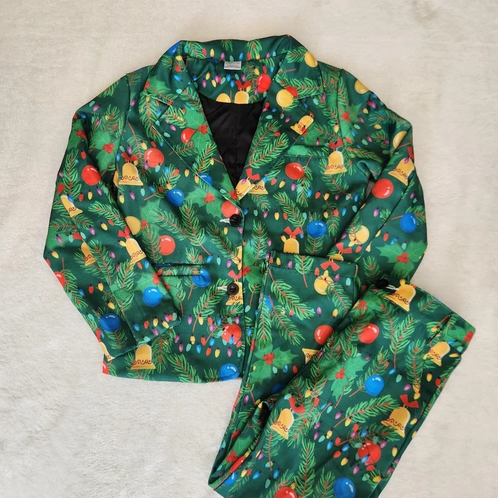 Christmas Holiday Suit Jacket Pants Boys Small Tree Bells Lights Green Festive
